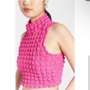 Amanda Uprichard Amiri Knit Mock Neck Tank French Rose, Bubble Square Textured